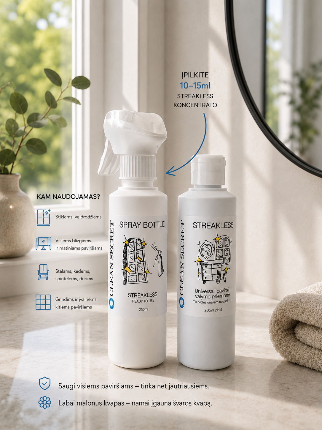 Universalus paviršių valiklis STREAKLESS, 250 ml