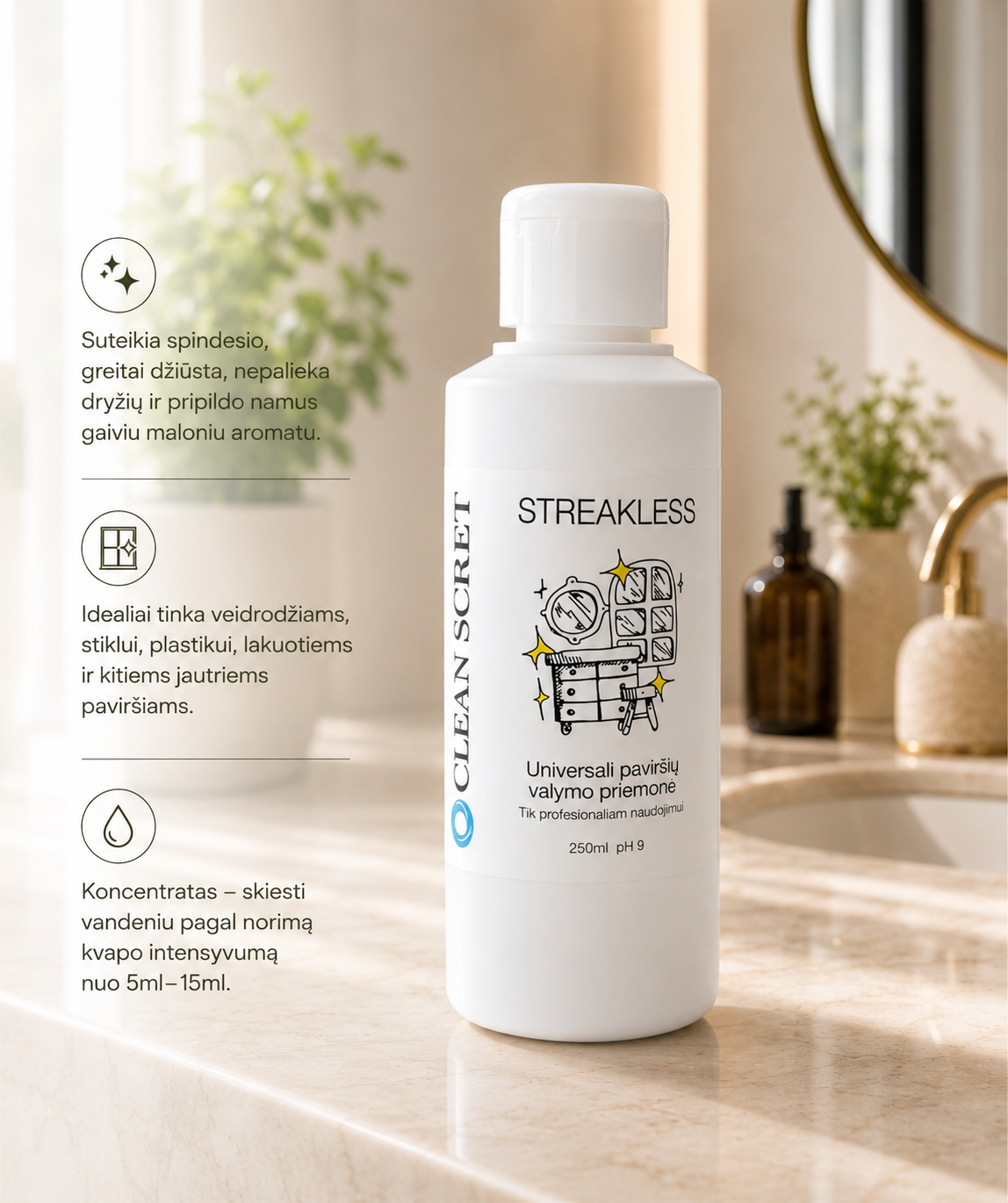 Universalus paviršių valiklis STREAKLESS, 250 ml