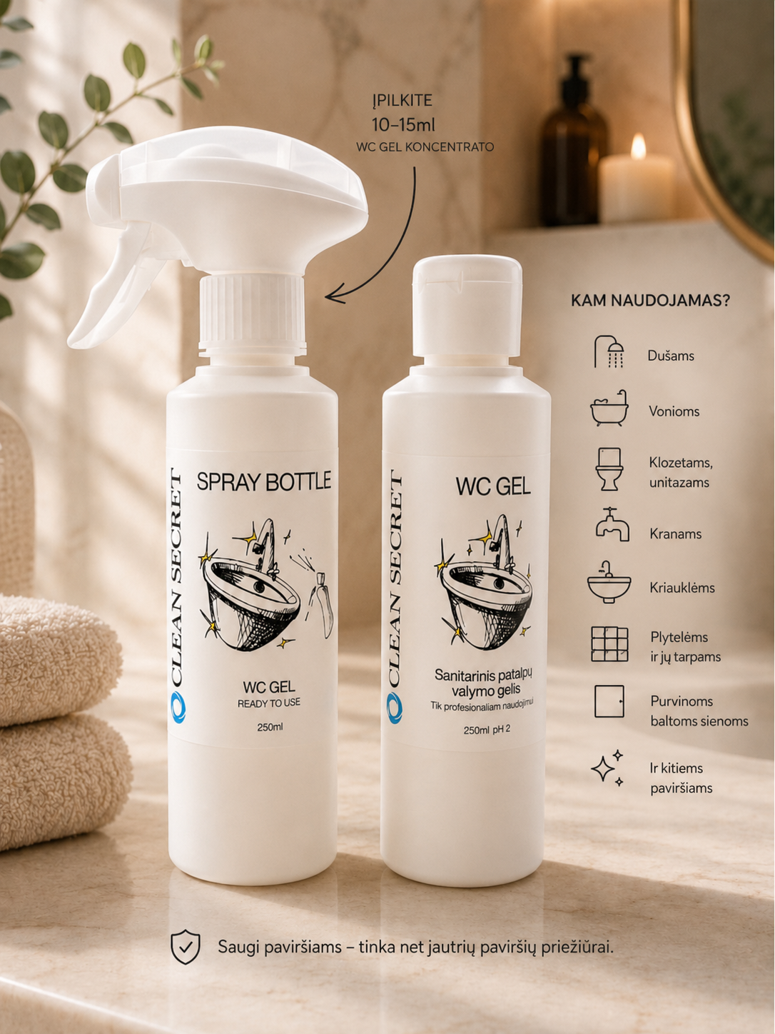 Vonios ir WC valiklis WC GEL, 250 ml